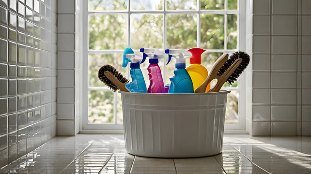 Home cleaning supplies kit near bright window