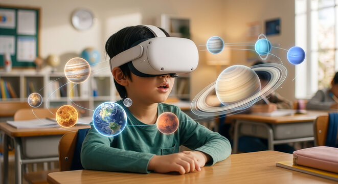 教室でVRヘッドセットを装着して太陽系の惑星ホログラムを体験する男の子。空間コンピューティングと没入型バーチャル学習による未来の学校教育やエドテックのコンセプト