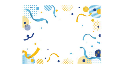 Naklejka premium Festive frame with blue and yellow ribbons, confetti, and geometric patterns of circles, dots, and stripes on a white background