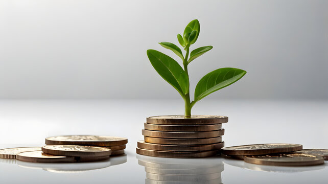 Small green plant growing from coins stack