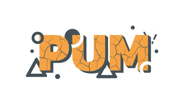 Fragmented text reading PUM with a cracked orange texture accompanied by floating geometric shapes on a stark white background for modern design.