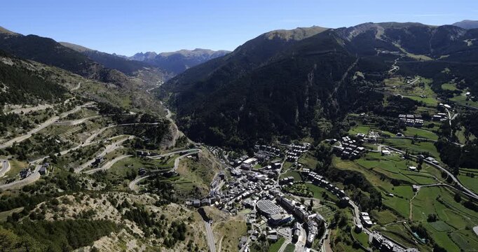 Panorama over the valley of Canillo from the Roc Del Quer Mirador. Principality of Andorra.
