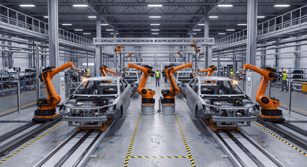 Fototapeta premium Car Factory with Advanced Robot Assembly Line.