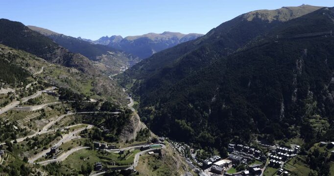 Panorama over the valley of Canillo from the Roc Del Quer Mirador. Principality of Andorra.