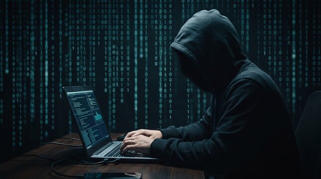 Hacker in dark room coding on laptop with digital code background