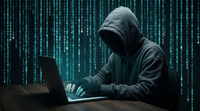 Anonymous hacker in dark room with laptop and digital code