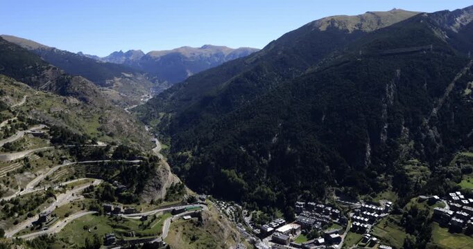 Panorama over the valley of Canillo from the Roc Del Quer Mirador. Principality of Andorra.