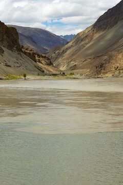 Close-Up View of Indus and Zanskar River water Confluence Showing Contrasting Water Colors, Sangam Viewpoint, Ladakh