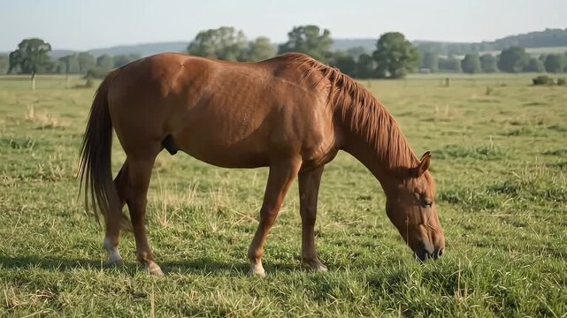 Chestnut horse grazing peacefully in a lush green pasture field