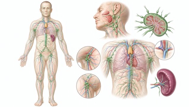 Anatomical illustration of the human body showing the lymphatic system with various organs and close-up views.