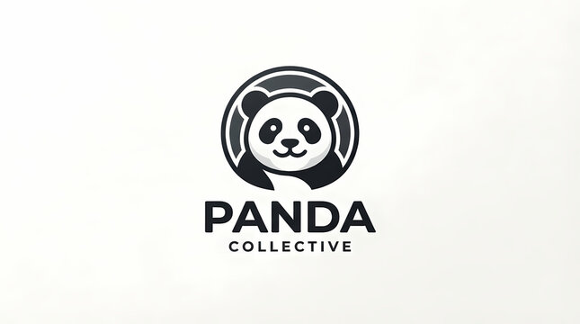 Minimalist panda face circular emblem logo design on white background