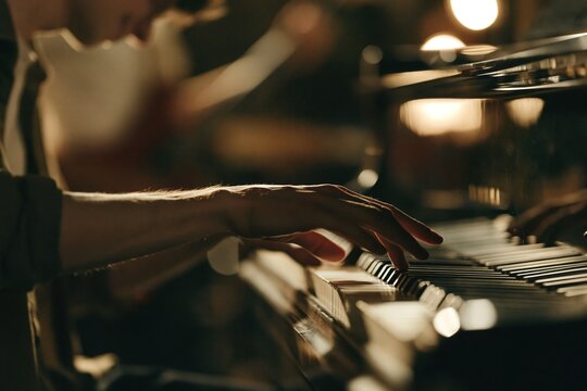 Close-up of hands playing piano keys in dimly lit room.