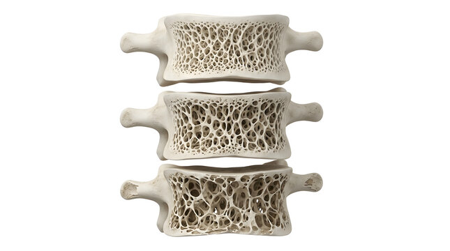 Three sections of human vertebrae showing porous bone structure with bone health