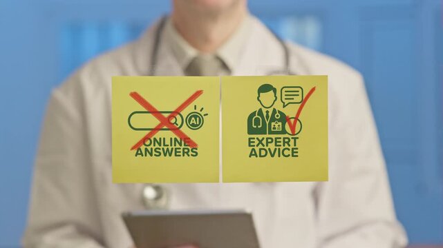 Medical professional warning against self diagnosis using unreliable online search engines and artificial intelligence, advocating for expert medical advice and professional healthcare consultation