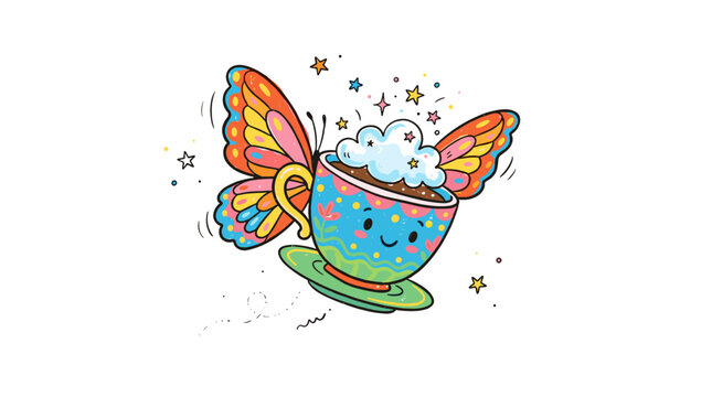 A whimsical, smiling teacup with colorful butterfly wings, decorated with stars and creamy topping