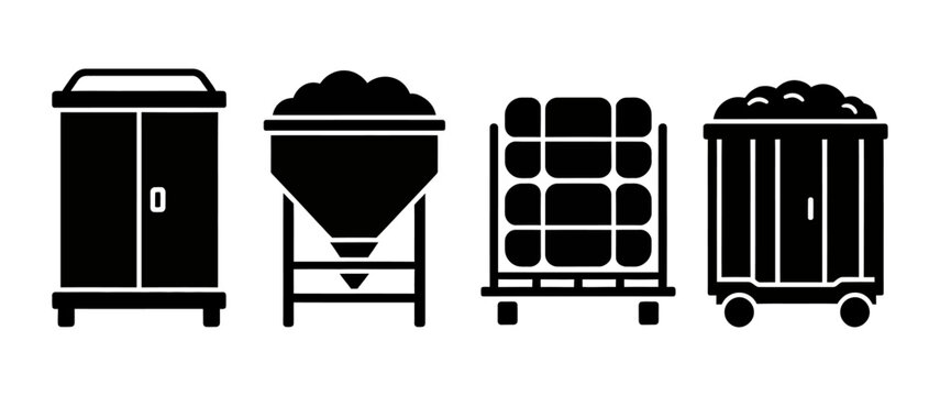 Industrial storage and logistics icons including hopper pallet cabinet and cart vector illustration.