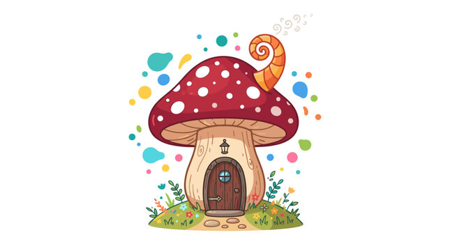 A whimsical mushroom-shaped house with a red-spotted cap, wooden door, and floating colorful dots