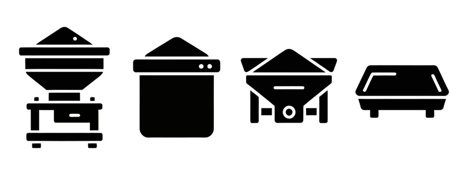 A collection of monochrome industrial hopper and feeder equipment icons on white