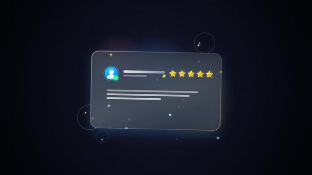 Digital customer testimonial card with glassmorphism design featuring five stars and user profile icon on dark background for web feedback interface