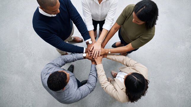 Top down view of a diverse business team stacking their hands together in the center, symbolizing unity, partnership, teamwork, corporate solidarity, successful collaboration