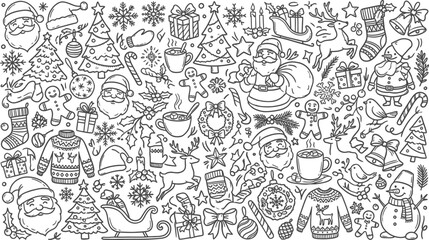 Fototapeta premium Abstract hand drawn doodle pattern with various funny characters and objects in a dense black and white illustration