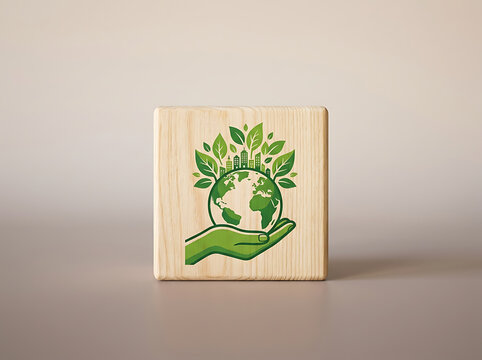 Green plant icon on a wooden cube block