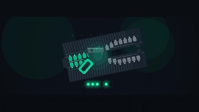 Abstract animated zipper drawing its teeth together drawn as cyan and teal lines and shapes on a deep dark background. Seamless looping 4K motion graphics video with free space for text, ideal for tit
