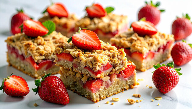 Strawberry oatmeal bars with a crunchy oat topping anf fresh strawberries. Ai