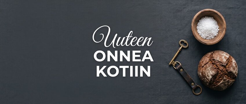Finnish housewarming gift bread salt key banner with text uuteen onnea kotiin on dark fabric background, traditional rustic new home blessing card layout for Finnish moving celebration concept.