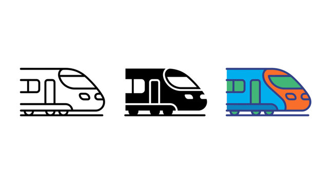 Modern passenger train icon set in outline glyph and flat color styles with transport locomotive commuter carriage collection