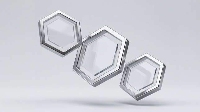 Abstract of floating hexagonal glass frames with silver metallic borders arranged diagonally on neutral grey, modern geometric shape design element suitable for technology