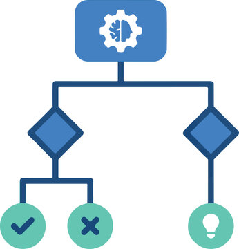 Blue brain gear decision tree icon, flat vector flowchart with check and cross nodes, mind map diagram for AI and strategy planning isolated on White Background icone Eps