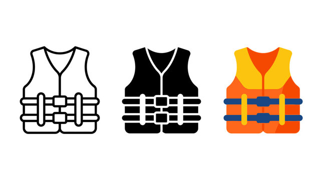 Set of life jacket icons with buckles in outline solid flat color styles lifejacket survival protection emergency