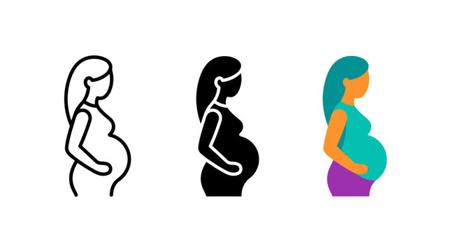 Pregnant woman profile icon vector illustration set in outline solid and color styles with pregnant pregnancy maternity