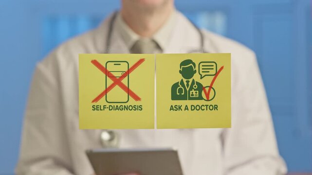 Medical professional advising against online self diagnosis, recommending a visit to a clinic for accurate medical advice and promoting professional healthcare over unreliable internet information