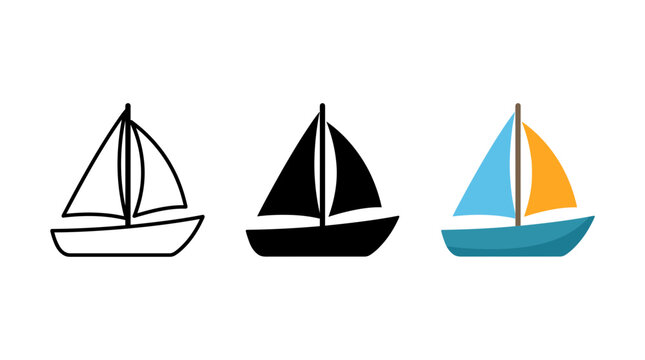 Sailboat icon set featuring outline black and colorful flat vector graphic illustration sailboat transportation navigation