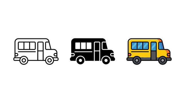 Mini school bus vehicle transportation set with outline solid and color vector icon designs transportation transport education
