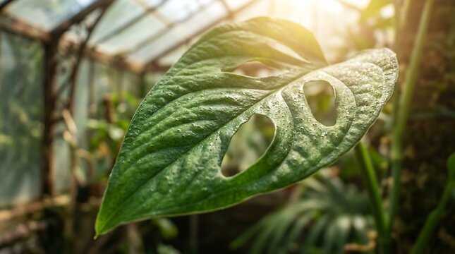 Vibrant green Swiss cheese plant leaf glowing in sunny greenhouse
