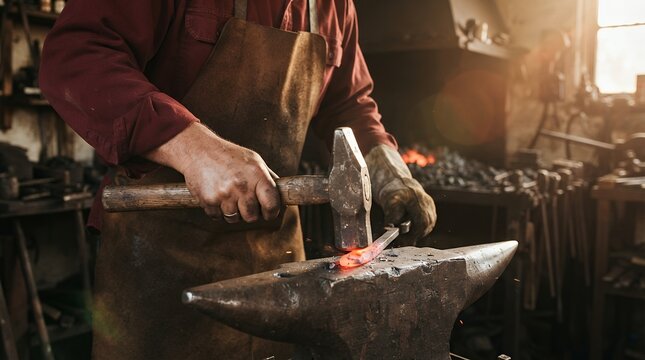 Vintage blacksmith forging hot metal on anvil, traditional metalworker using hammer in rustic workshop, craft industry concept