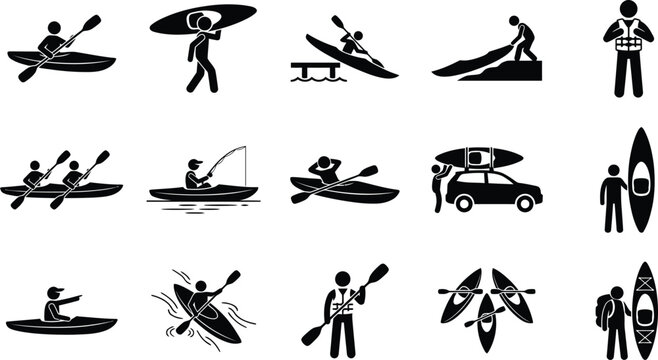 Set of black and white icons showing people kayaking fishing and transporting kayaks for outdoor recreation activities