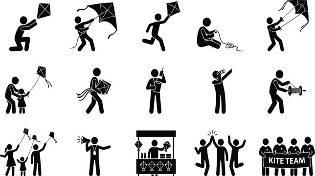 Set of black and white stick figure icons depicting people participating in a kite festival event
