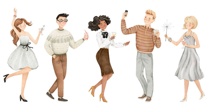 Watercolor set of beautiful peoples with cocktails at party, isolated illustration cute and happy humans, friendly and positive for your design invitation or greeting cards, restaurant menu or disco.