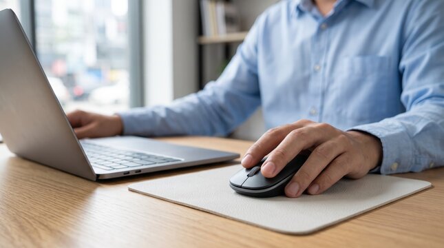 shot of businessman hands typing on laptop keyboard and using computer mouse on wooden desk in modern office, professional working environment for business, technology, and remote