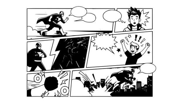 Comic book page vector mockup with action panels speech bubbles and dynamic superhero illustration