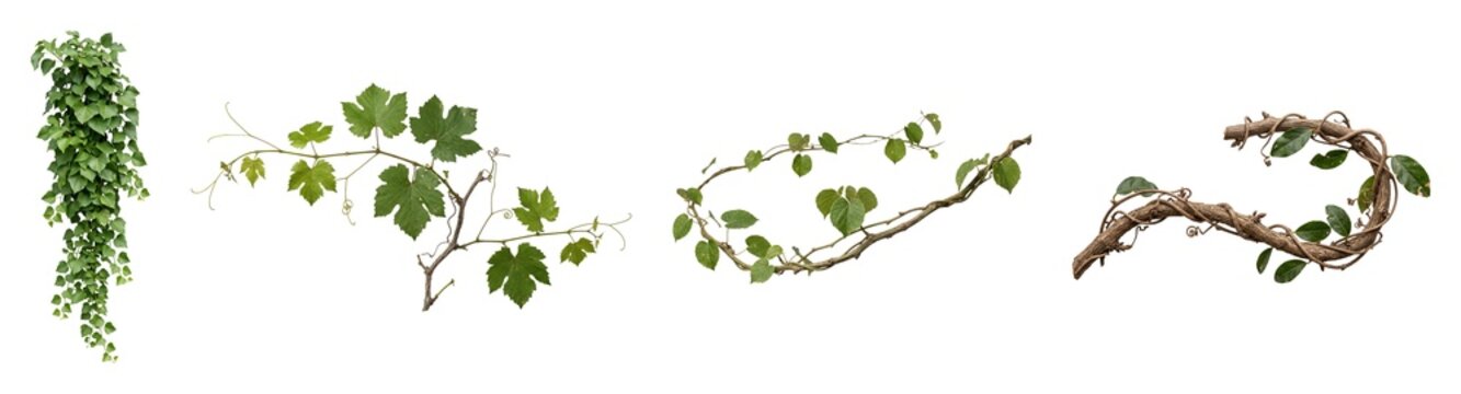 Set of vine branches with various types of green leaves and tendrils