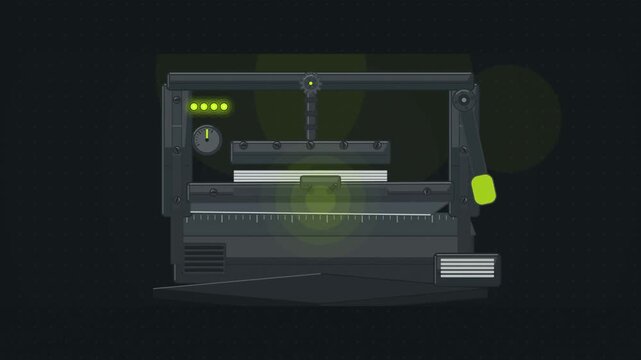 Abstract animated guillotine trimming a stack of paper drawn as green and teal lines and shapes on a deep dark background. Seamless looping 4K motion graphics video with free space for text, ideal for