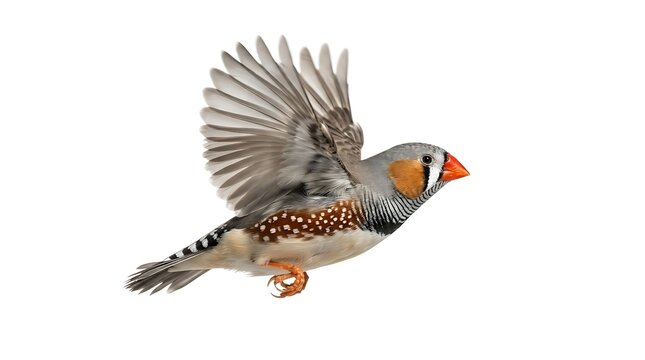 A small zebra finch bird with orange cheeks and striped chest flying through the air with wings fully spread out