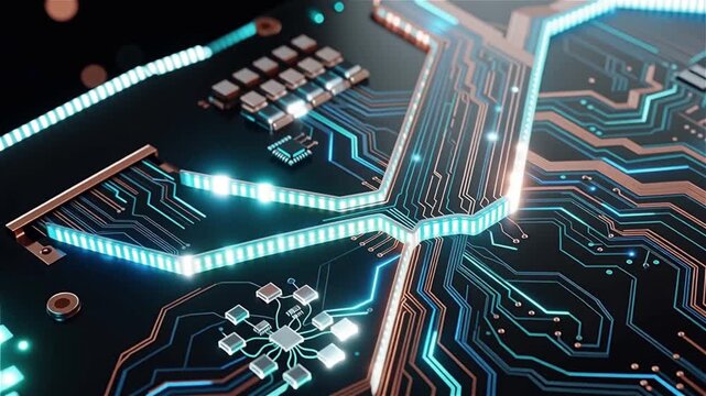 Futuristic circuit board with glowing electronics