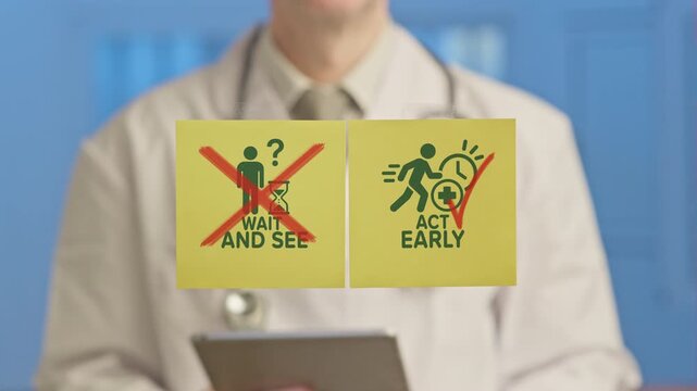 Medical professional explaining the importance of early diagnosis and timely treatment, presenting a choice between proactive healthcare and waiting for symptoms, highlighting prevention and health