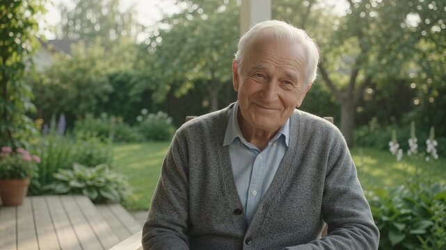 Smiling elderly man sitting outdoors on a wooden porch deck